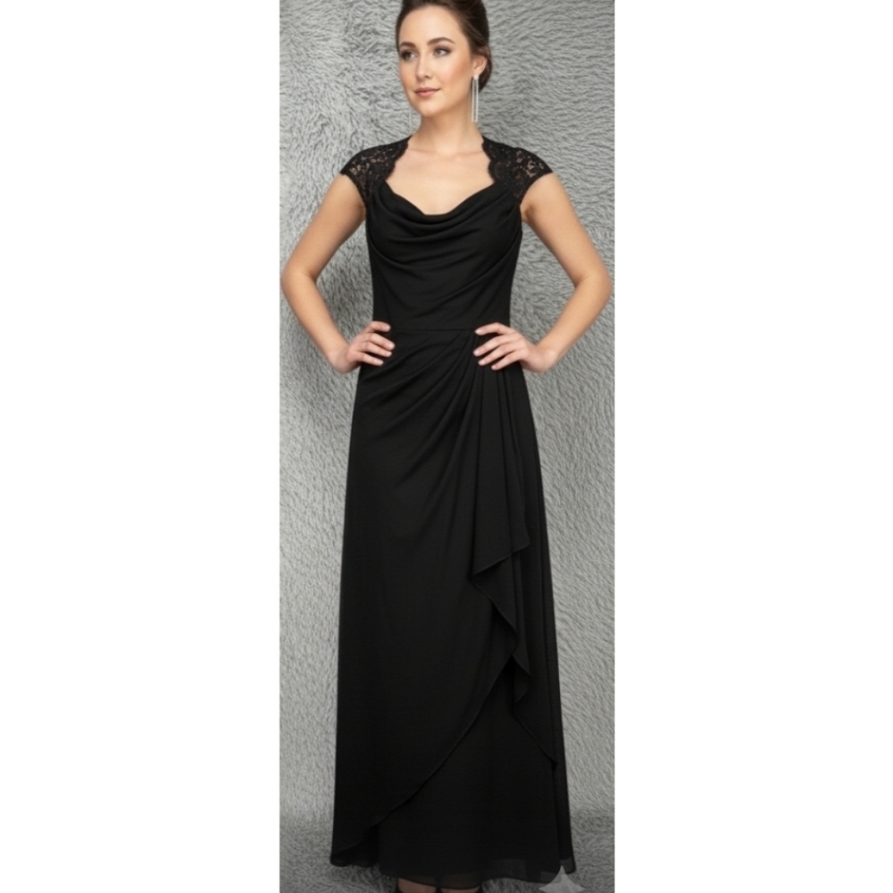 Xscape Black Maxi Dress with Lace Shoulders And Back, 10,  NWT ✔️
